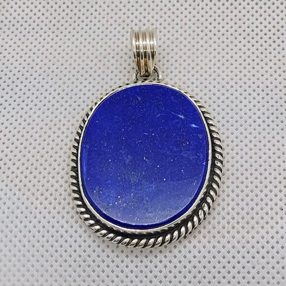 Large Oval Lapis Lazuli Gemstone Pendant Sterling Silver Rope Border - Picture 2 of 7